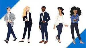 Five diverse individuals showcase various business-appropriate clothing options. This image visually supports dress code guidelines for professional settings.