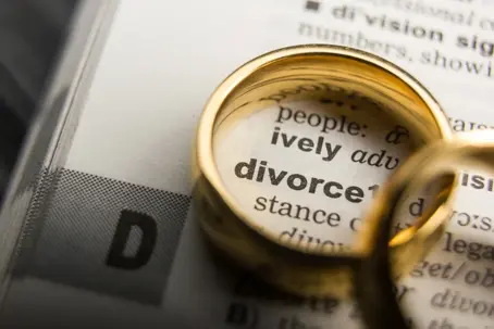 Wedding rings on over the word divorce