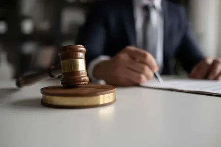 Lawyer signing documents with a gavel on his desk