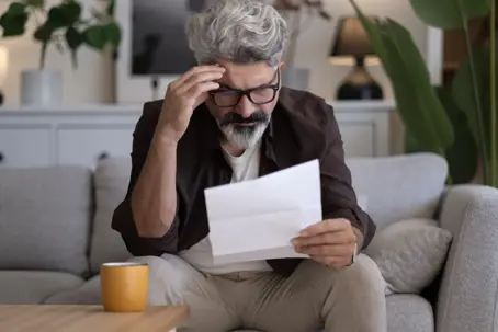 Man looking concerned looking at mail